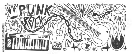 Rock and roll music charcoal drawn set. Punk festival doodle background. Scribble grunge music concert flyer elements. Guitar, electronic piano, horns, mic sketch grafitti art. Vector illustration.