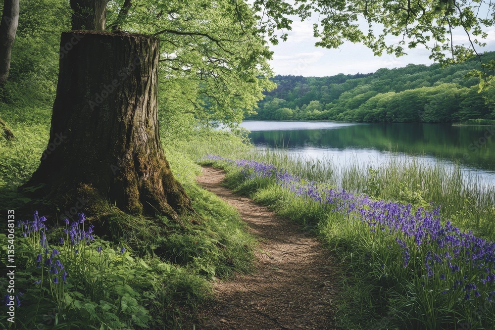 Obraz premium Cinematic forest trail leading to ancient tree stump surrounded by bluebells and lush foliage