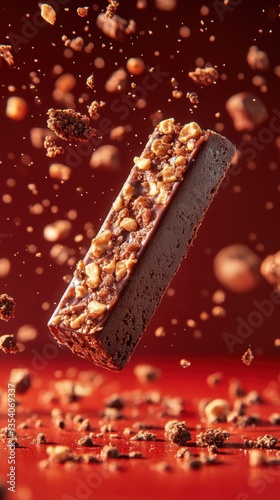 Delicious chocolate bar surrounded by scattered nuts, creating a tempting visual treat.