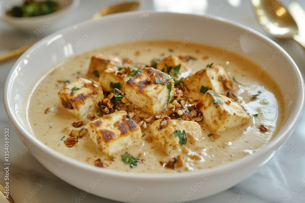 Malai Paneer - Silky Cashew Sauce with Saffron and Nut Garnish, Indian Curry Malai Paneer - Silky Cashew Sauce with Saffron and Nut Garnish, Indian Curry