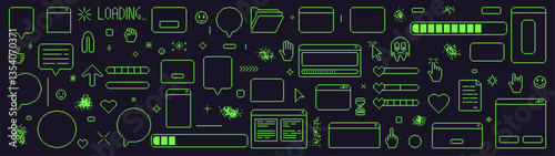 Pixel art retro windows interface. 8 bit text boxes with loading, cursors, arrow. Green stroke console folder. Digital game document in retro 80s style. Vector set illustration.