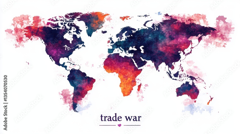 Fototapeta premium Global Trade Conflicts Watercolor World Map Art Print Illustrative Design