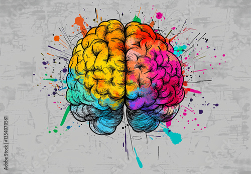 Colorful Brain with Flowing Paint Streams Symbolizing Creativity and Innovation