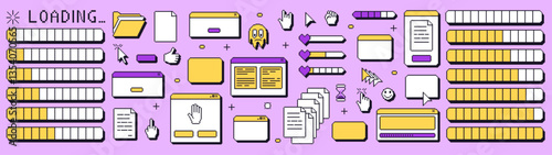 Pixel art loading windows interface. 8 bit browser and popup elements with pointers cursors, arrow and hands. Pixel screens y2k 90s style. Ui message borders figures. Vector illustration.