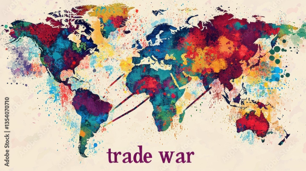 Fototapeta premium A Colorful Watercolor World Map Depicting Global Trade Wars and International Conflicts