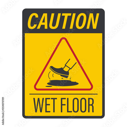 Isolated safety sign shoe-wearing foot slipping due to spilled water on the floor, warning slippery floor, cleaning in progress