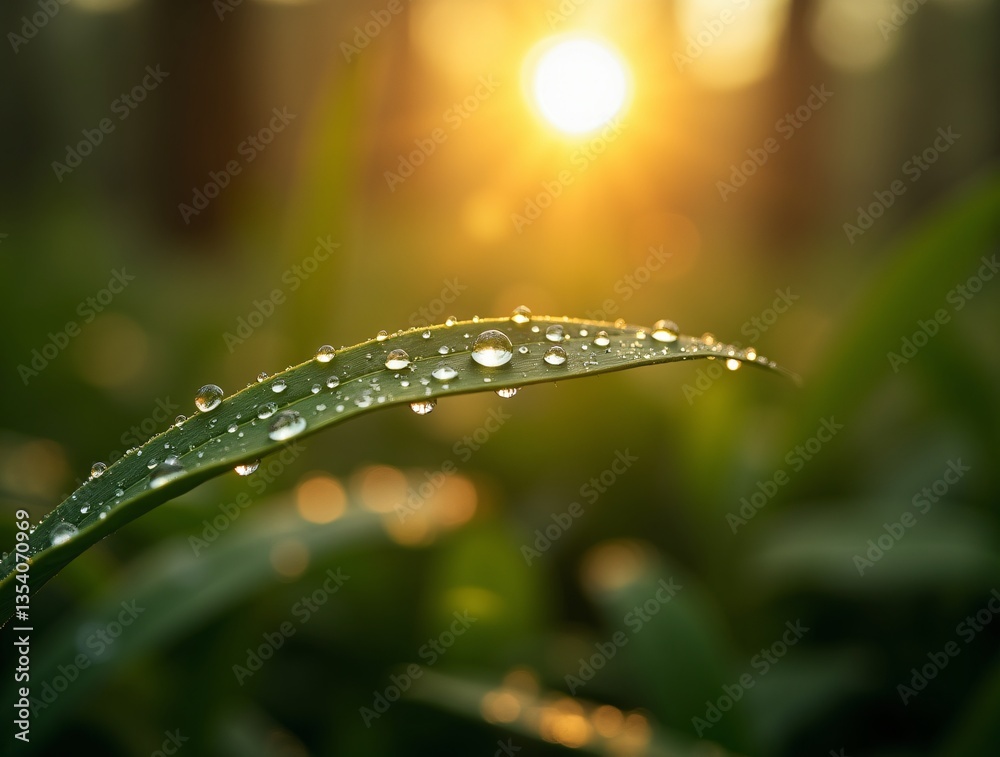 Sun rays illuminating dew drops on leaves in a forest, with macro photography and bokeh effect