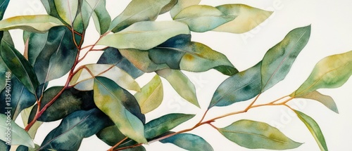 A watercolor painting of vibrant Australian gum tree leaves, showcasing rich green tones and subtle brown accents