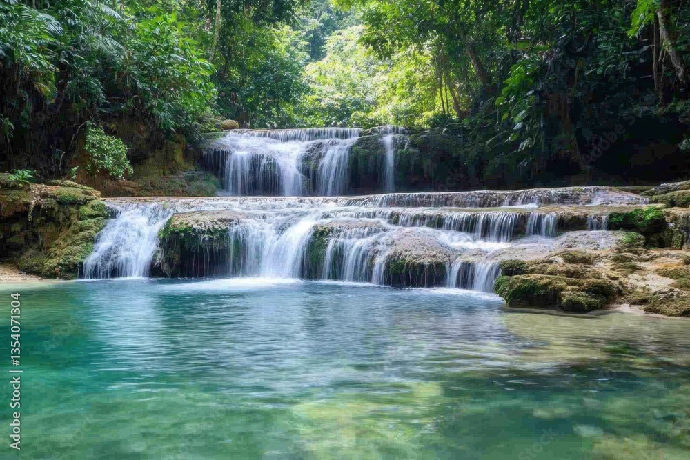 Serene waterfall cascading into a tranquil pool in a lush tropical forest Serene waterfall cascading into a tranquil pool in a lush tropical forest