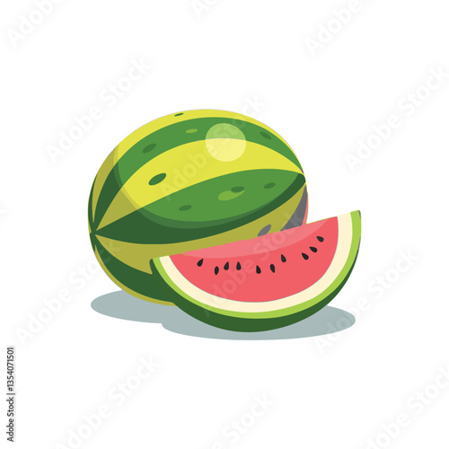 Watermelon fruit slice and a whole. Set of colorful watermelon icons on a white background.