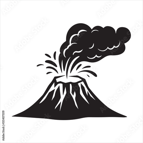 an erupting volcano with smoke billowing out from the crater silhouette
