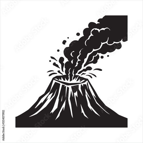 an erupting volcano with smoke billowing out from the crater silhouette
