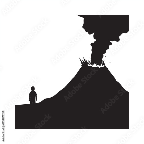 an erupting volcano with smoke billowing out from the crater silhouette
