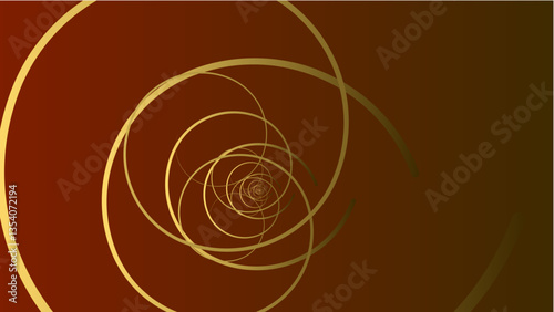 Abstract digital artwork of golden spiral curves radiating outward on a smooth reddish-brown to black gradient background. Symmetrical, radial design with a visually hypnotic, mesmerizing effect.