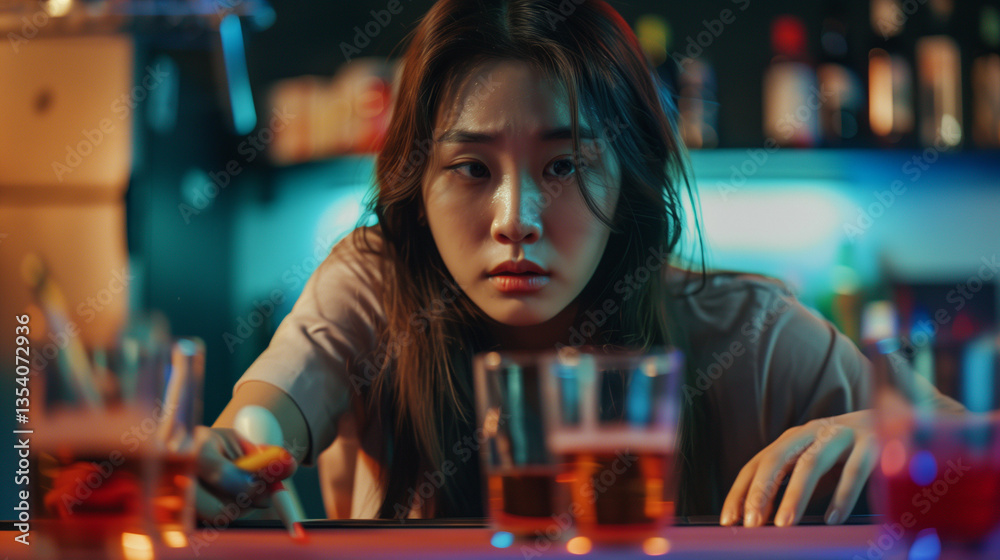 Young woman alone at bar with drinks, looking distressed.