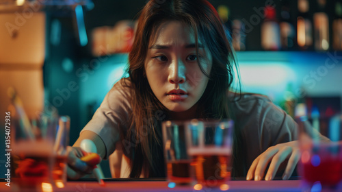 Obraz na płótnie Young woman alone at bar with drinks, looking distressed. w salonie