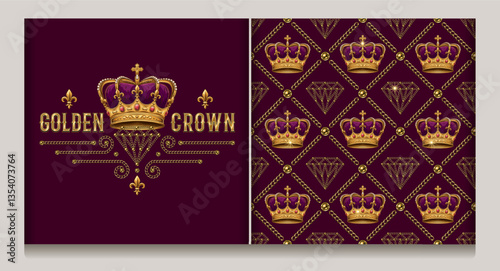 Horizontal label, diagonal cross line square grid pattern with golden imperial crown, diamonds, jewelry chains. Vintage style. Burgundy background