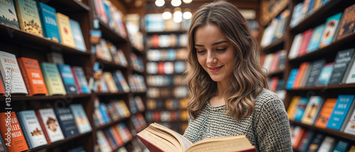 Young Woman Reading in a Cozy Bookstore with Warm Lighting and Bookshelves in the Background