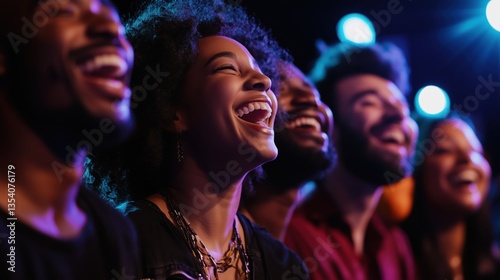 People enjoying laughter during a comedy show with vibrant stage lighting creating a joyful atmosphere among diverse attendees