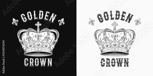 Black and white label with imperial crown, fleur de lis sign, text. Detailed composition in vintage style.