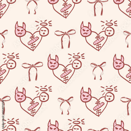 Coquette devil and angel crayon seamless pattern. Girly marker endless background. Bow and broken heart repeat cover. Crayon love continuous ornament. Vector hand drawn illustration.