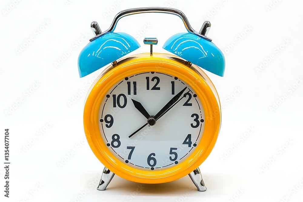 Close-up of orange and blue alarm clock against white background for time management Close-up of orange and blue alarm clock against white background for time management