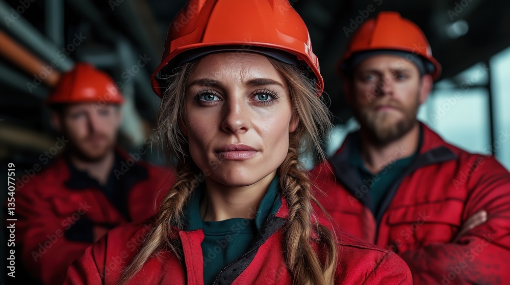 Fototapeta premium Group of factory workers in safety gear standing confidently in industrial setting with equipment in the background