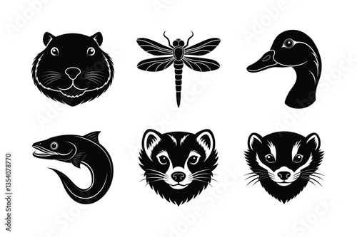 many kinds of pet animal head silhouette vector illustrations