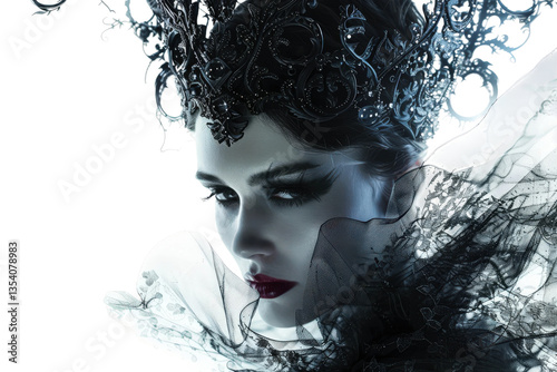 Regal gothic queen with a cold, mysterious expression in a dark outfit. photo