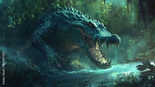 giant prehistoric crocodile in lush jungle