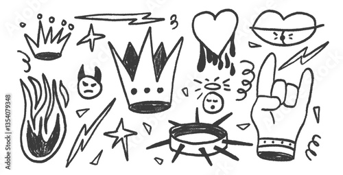 Rock charcoal drawn set. Punk coquette breaking heart doodle background. Scribble grunge poster elements. Heart, crown and chain sketch graffiti art Vector pencil isolated illustration.