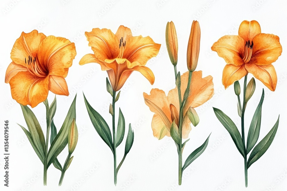 Fototapeta premium Beautiful Watercolor Orange Daylily Flower Illustration Isolated on White Background