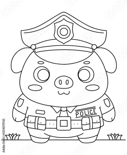 Coloring book Pig police officer in uniform. Adorable line art for coloring fun
