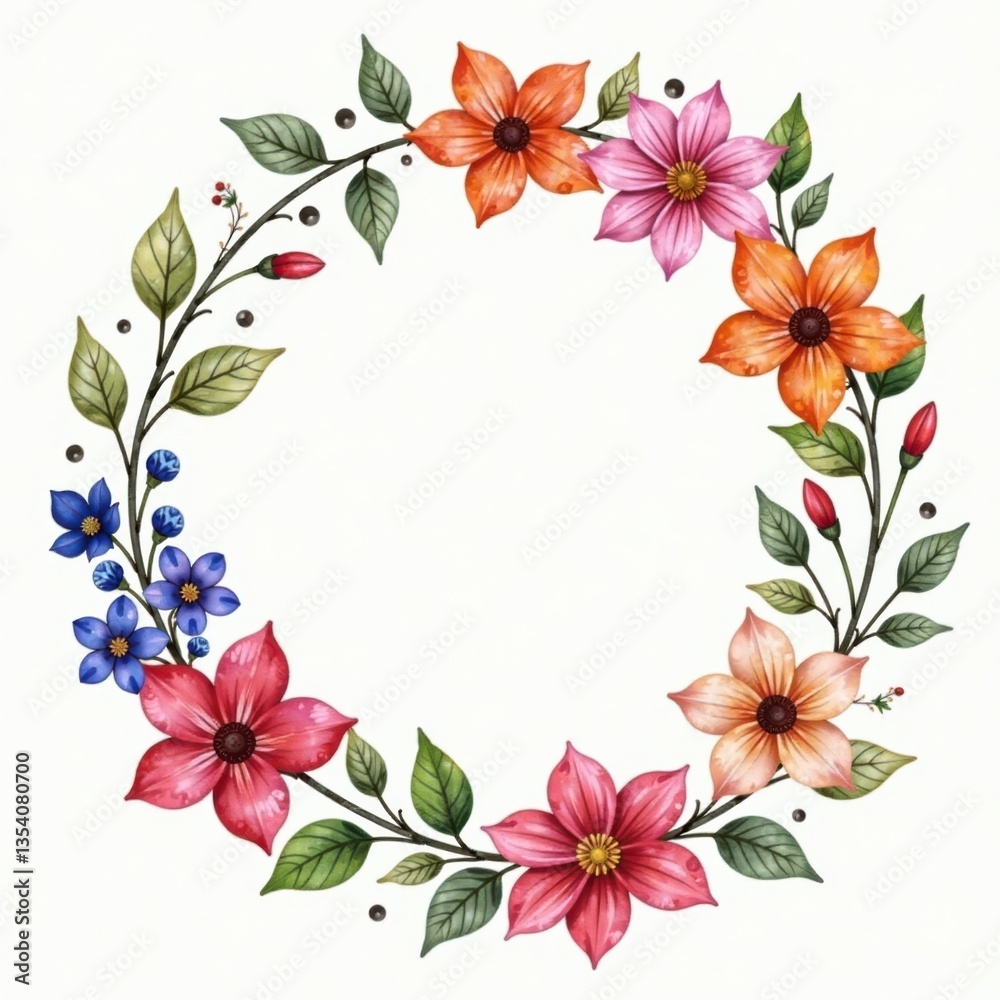 Obraz premium Watercolor floral wreath surrounding a vase with fresh flowers, flowers, wreath