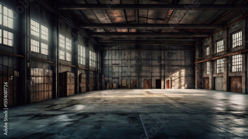 Three dimensional render of dark empty warehouse.