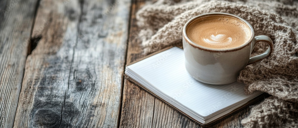 Obraz premium Cozy Coffee Moments: Notebook and Cup on Wooden Desk for Creative Inspiration