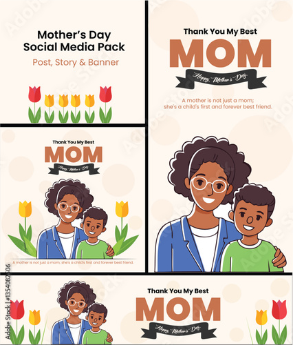 Happy Mother's day social media pack design. post, story and banner design vector