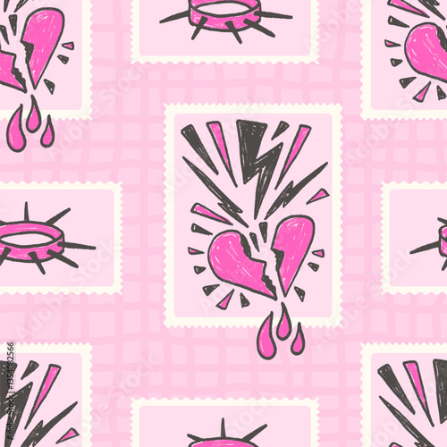 Broken heart postage stamp seamless pattern. Punk rock collar on frame marker endless background. Crayon continuous ornament. Surface pattern design girly motif. Vector hand drawn illustration.