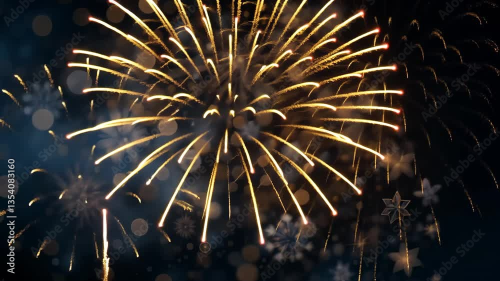 Spectacular Golden Fireworks Display Against Dark Blue Bokeh Light Background