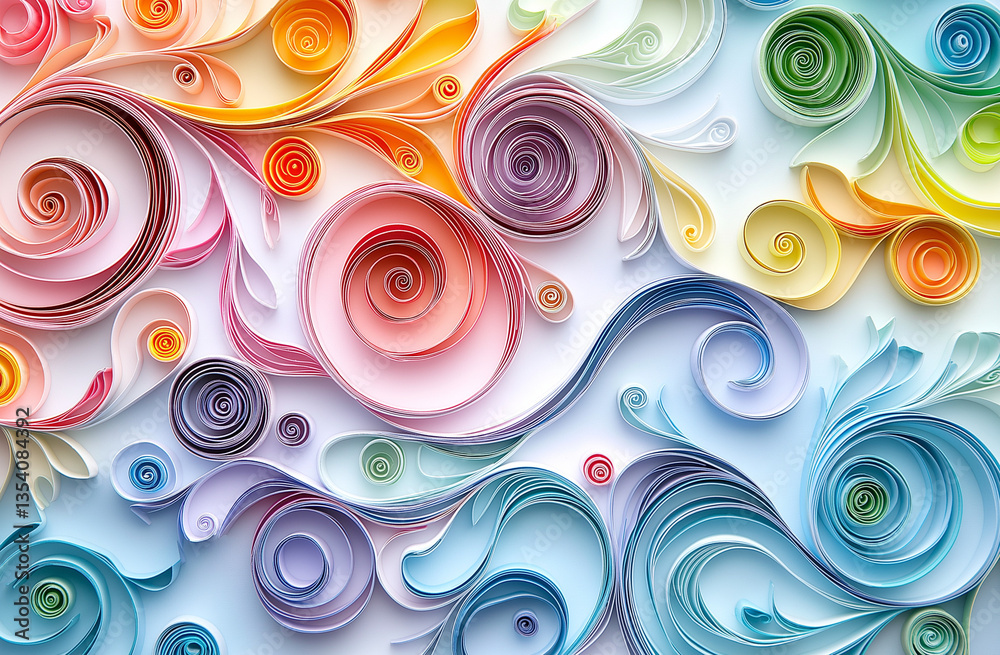 Abstract Paper Quilling Art Background with Colorful Swirls and Spirals on White Background Abstract Paper Quilling Art Background with Colorful Swirls and Spirals on White Background