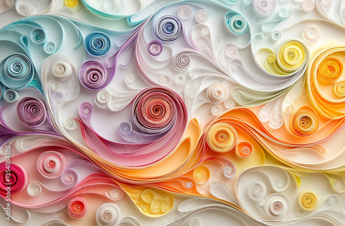 Abstract Paper Quilling Art Background with Colorful Swirls and Spirals on White Background