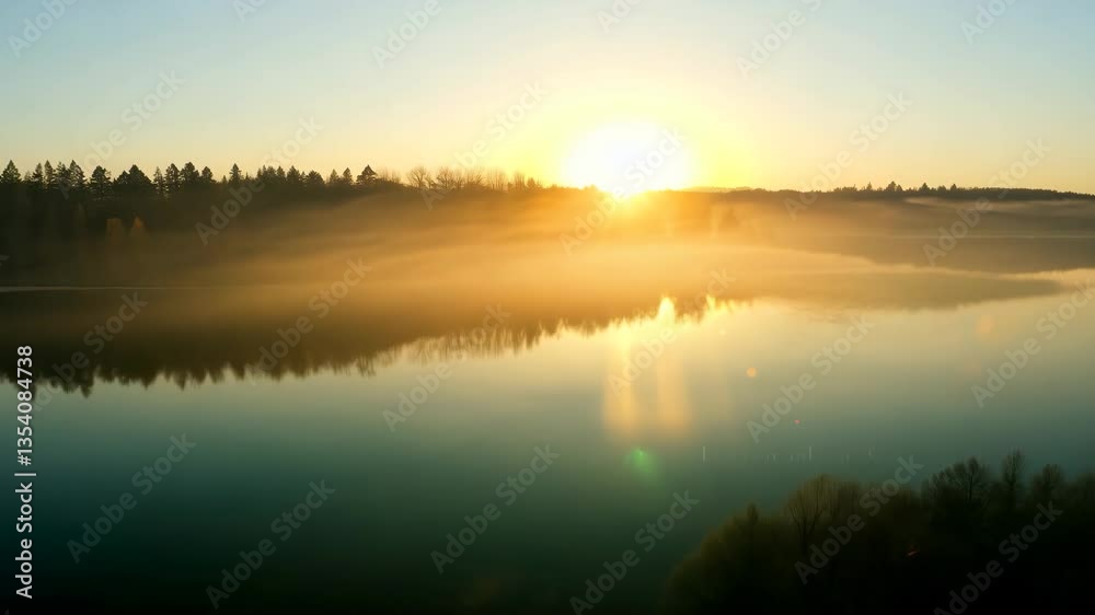 Sunrise Over Calm Lake with Forest Silhouette and Golden Reflections Sunrise Over Calm Lake with Forest Silhouette and Golden Reflections