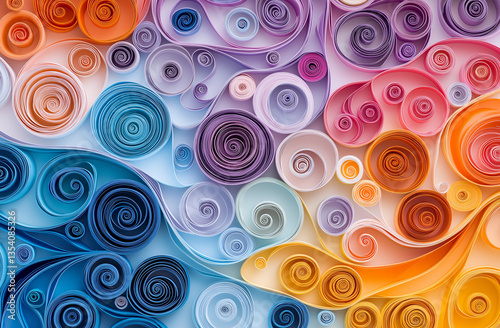 Abstract Paper Quilling Art Background with Colorful Swirls and Spirals on White Background