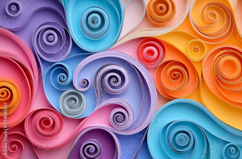Abstract Paper Quilling Art Background with Colorful Swirls and Spirals on White Background