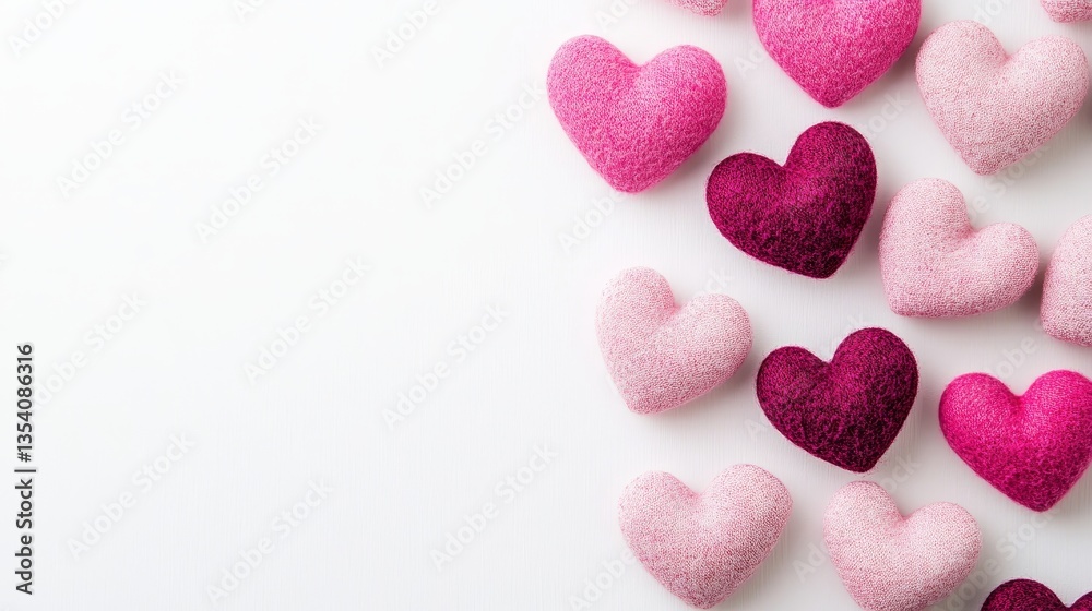 Fototapeta premium Delicate pink hearts scattered across a clean white background for a charming aesthetic