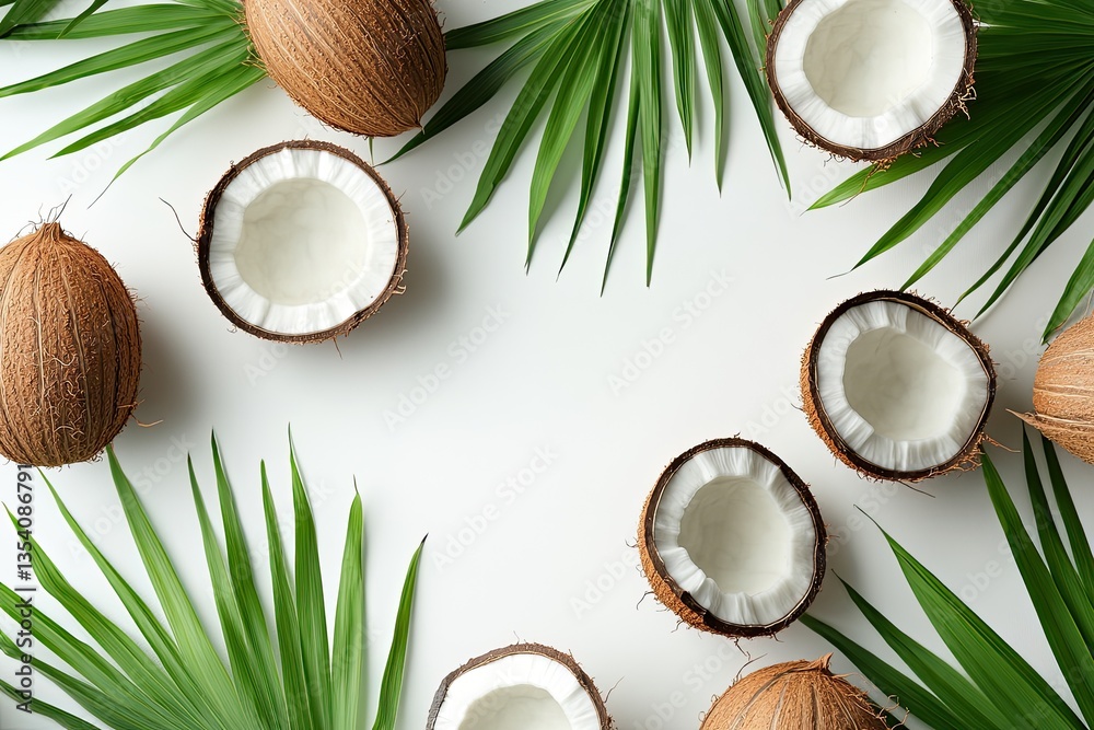 Fresh coconuts and tropical palm leaves Fresh coconuts and tropical palm leaves