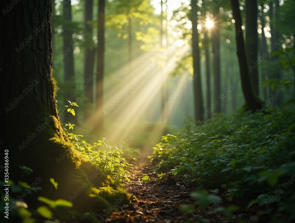 Fototapeta premium Rays of sunlight creating a divine light effect in a dense green forest