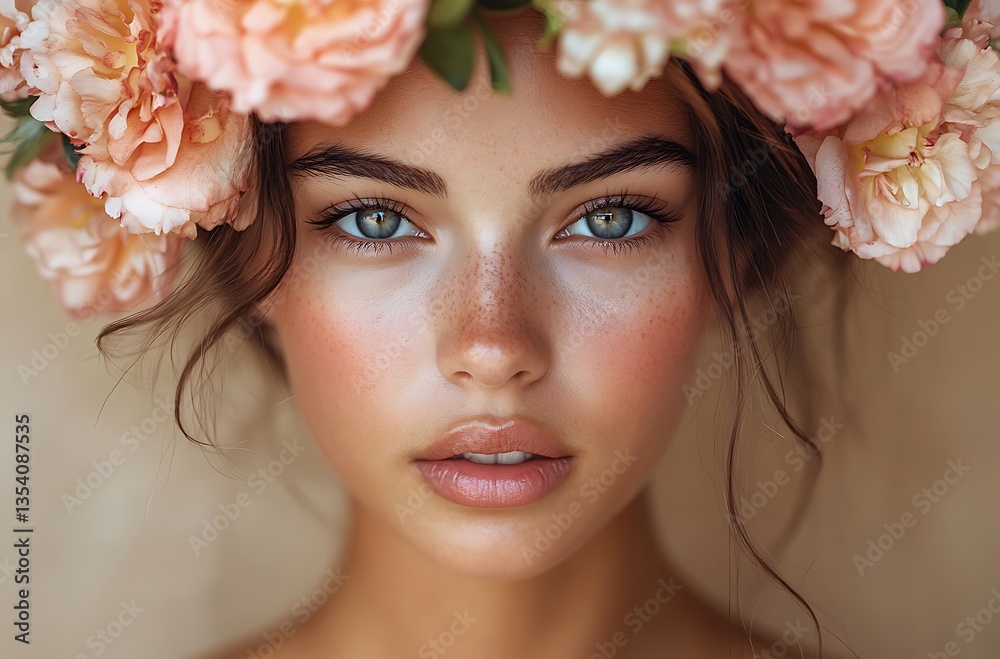 Naklejka premium Close-Up of Person with Soft Pink Floral Crown