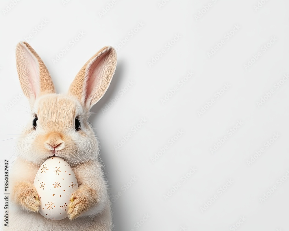 Fototapeta premium Easter bunny holding egg in minimal design, cute Easter bunny illustration with decorated egg, festive Easter bunny artwork in soft pastel colors,, A cute Easter bunny holding a decorated egg.