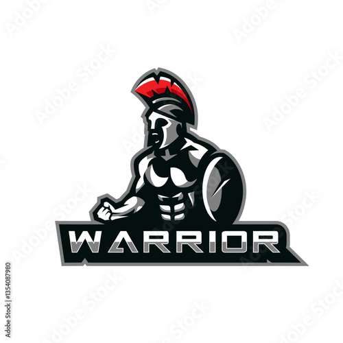 Angry warrior holding shield logo
